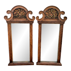 Vintage Faux Wood Pagoda Style Regency Extra Tall Curvy Wall Mirrors- A Pair