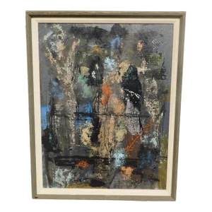 Mid-Century Modern Figures, Leaves & Applied Milkweed Seeds Mixed Media Painting