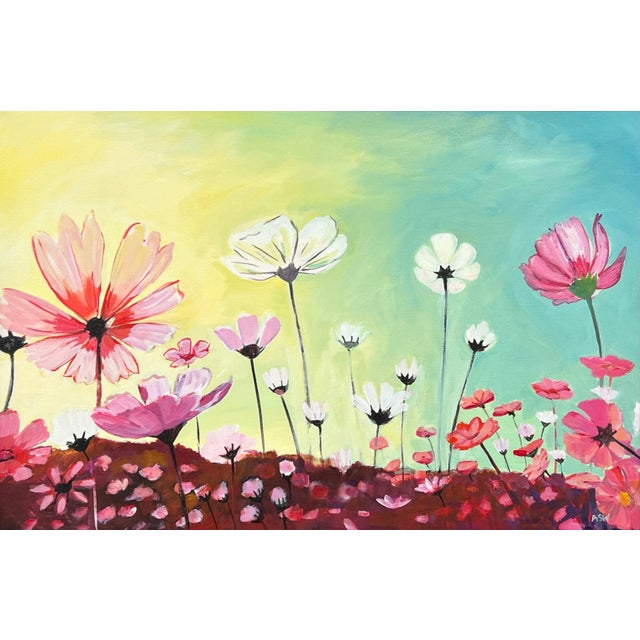Angela Wakefield Design Study of Wild Pink & White Flowers on a Yellow & Turquoise Background, 2023 For Sale - Image 9 of 12