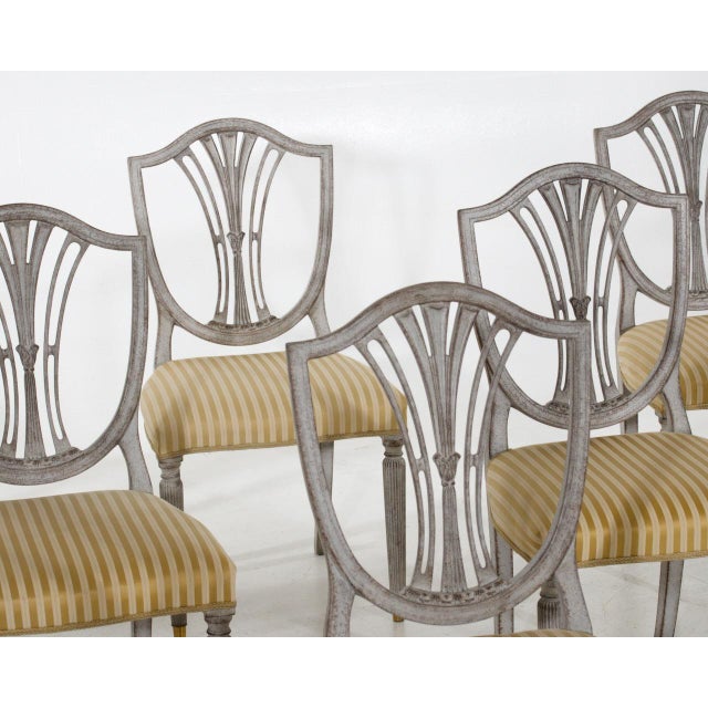 Set of six gustavian style chairs, richly carved, early 20th century h. 95 h-seat. 48 w. 50 cm h. 37.4 h-seat. 18.8 w....