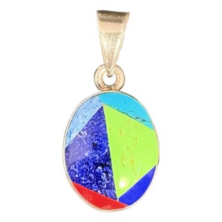 Mexican Sterling Silver Multi Color Inlay Pendant Mexico .925 For Sale