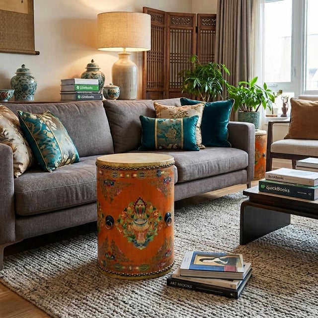 Elevate your interior decor with this exquisite, hand-crafted Tibetan-style drum stool—a masterful fusion of traditional...