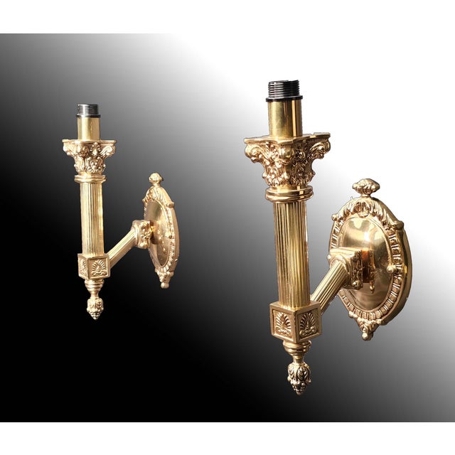 Hollywood Regency Mid 20th Century Ornate Brass Neoclassic Wall Sconce Lamps - a Pair For Sale - Image 3 of 9