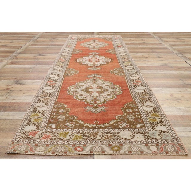 Textile Mid 20th Century Vintage Turkish Oushak Runner 03'06 X 12'08 For Sale - Image 7 of 10