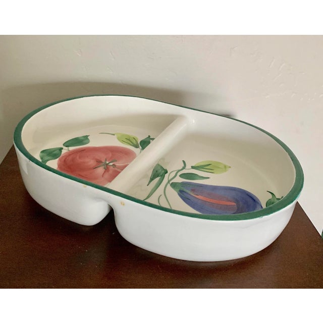 Hand decorated rare two-part ceramic dish from Italy in traditional vegetable designs of Italian cuisine staples: eggplant...