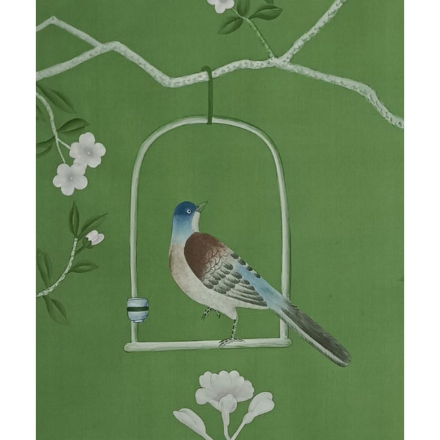 Not Yet Made - Made To Order Chinoiserie Hand-Painted Wallpaper Panels, Emerald Green Background With Floral, Bird & Porcelain Vase Mural, Set of 2 For Sale - Image 5 of 6