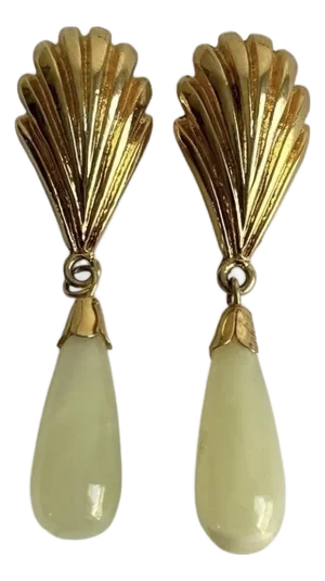 Vintage Shell Drop Earrings Jade Green Stone Teardrop Gold Tone Seashell Pierced Post