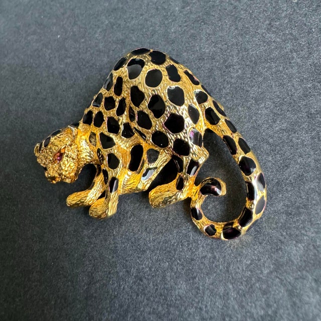 Hollywood Regency Vintage Leopard Brooch Gold Tone Cheetah Jaguar Pin Enamel Rhinestone Park Lane For Sale - Image 3 of 7