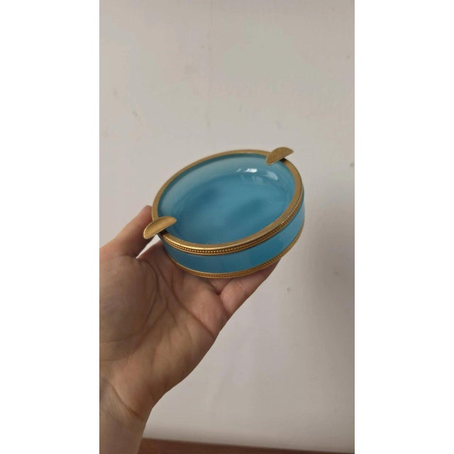 Metal Vintage Murano Opaline Glass Ashtray Turquoise Blue Brass Rim Italian Mid Century Decorative Catchall Trinket Dish For Sale - Image 7 of 13