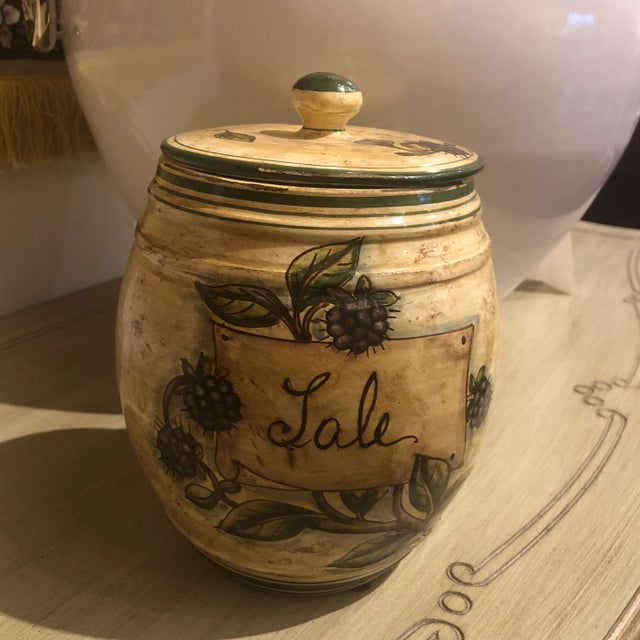 Hand painted ceramic sale (Salt) canister with blueberry design in a light yellow color. Hand made items may vary in size,...