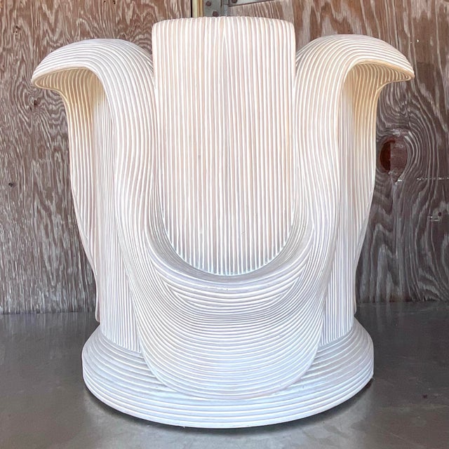 Antique White Vintage Coastal Washed Pencil Reed Pedestal After Betty Cobunpue For Sale - Image 8 of 9