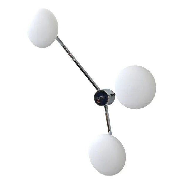 Italian flush mount with three matte white Murano glass shades mounted on solid brass frame in polished chrome finish /...