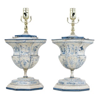 Pair of Vintage Hand-Painted Dutch Blue and White Tile-Style Metal Table Lamp - Octagonal Urn With Pastoral Scenes For Sale