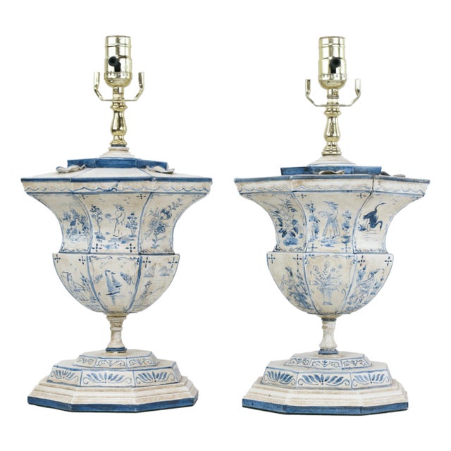 Pair of Vintage Hand-Painted Dutch Blue and White Tile-Style Metal Table Lamp - Octagonal Urn With Pastoral Scenes For Sale