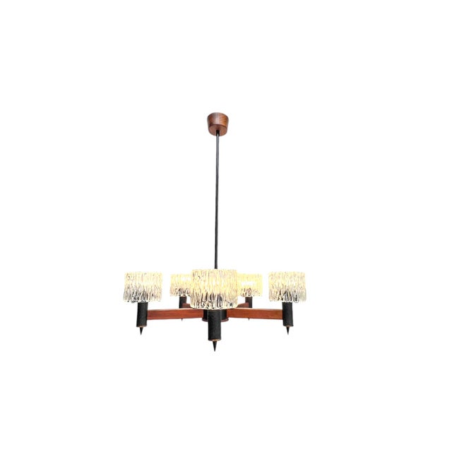 1960s Teak and Textured Glass Chandelier by Carl Fagerlund for Orrefors, 1960s For Sale - Image 5 of 16