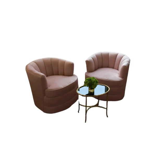 1950s Matching Pair of Hollywood Regency Channel Back Swivel Chairs, Newly Reupholstered. For Sale In New York - Image 6 of 7