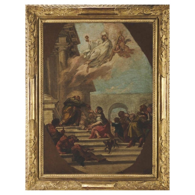 Around giambattista pittone "alms of a saint" 18th century oil on canvas (cm 52.5x38) 62.5cm x 48cm frame rear label "g....