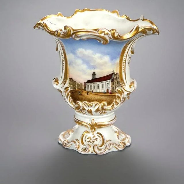 Pair Antique German Porcelain Hand Painted & Gilt Scenic Vases 19th Century For Sale - Image 6 of 12