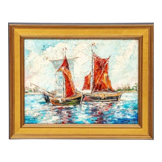 Mid-Century Modern Palette Knife Oil Marine Painting Twin Red Sailboats For Sale