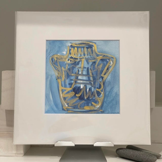 Bright metallic gold brush strokes over indigo gouache were inspired by an antique Asian lidded jar vase. Perfect blue and...