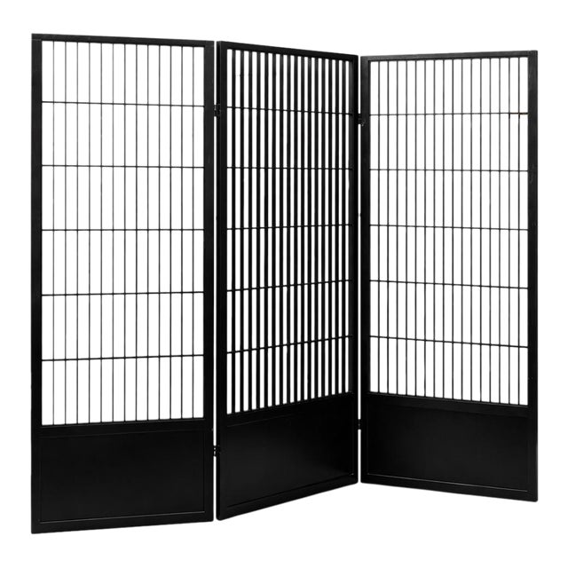 Large Three-Panel Black Slatted Room Divider Screen — Japandi Style Architectural Folding Screen For Sale