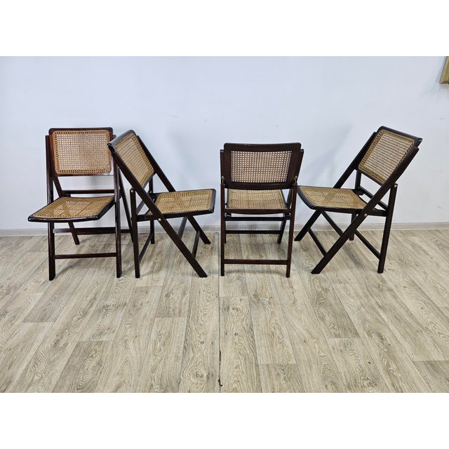 Folding Wooden Chairs with Raffia, 1970s, Set of 4 For Sale - Image 13 of 17