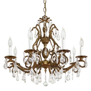 Spanish Brass and Crystal Eight Arm Chandelier | Early 20th Century For Sale