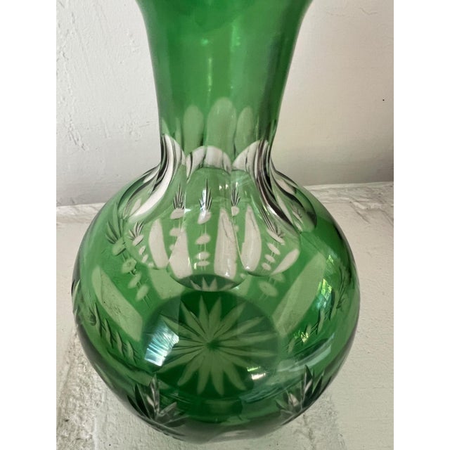 Emerald Green Cut-to-Clear Crystal Bud Vase Carafe For Sale - Image 10 of 12