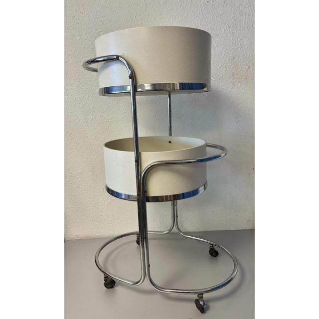 Plastic Mid-Century Chrome & White 2-Tier Rolling Trolley For Sale - Image 7 of 7