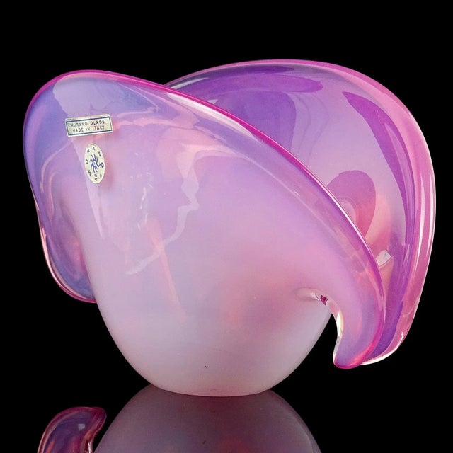 Vintage Cenedese Murano Label Double Position Opal Pink Italian Art Glass Seashell Bowl Vase For Sale In Orlando - Image 6 of 8