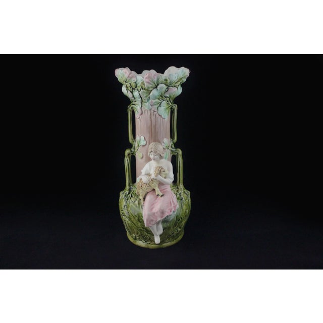 Green Art Nouveau Vases with Children and Foliage, Cecoslovakia, 1900s, Set of 2 For Sale - Image 8 of 13