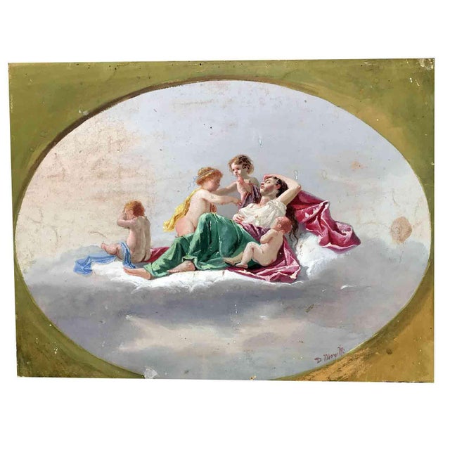Ecstasy with Cupids, an oval-shaped painting within a rectangular green field, painted using a mixed media of tempera and...