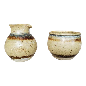 Late 20th Century Mud Pies Pottery Studio Pottery Brown and Blue Ceramic Creamer and Sugar Bowl - Set of 2