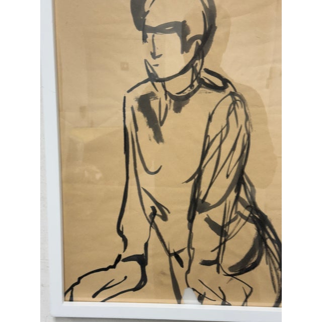 Design Plus Gallery presents a Framed Sketch on Paper. The artwork likely shows a man figure resting his hands on a stable...