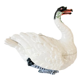 1980s Italian Hand-Painted Ceramic Swan Tureen & Centerpiece in Meissen Style by Chelsea House For Sale