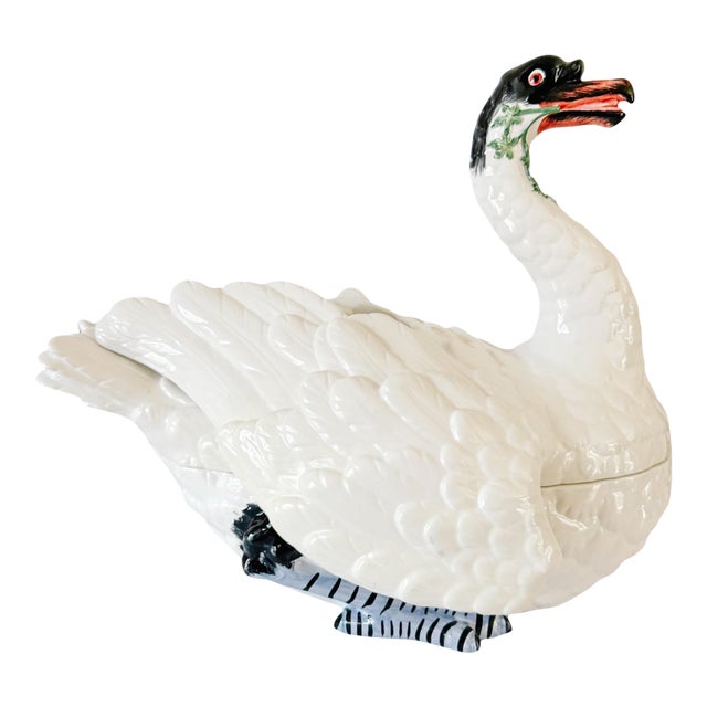 1980s Italian Hand-Painted Ceramic Swan Tureen & Centerpiece in Meissen Style by Chelsea House For Sale