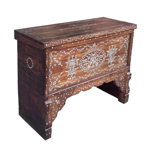 Antique early 20th century Syrian dowry chest exquisitely inlaid with intricate mother-of-pearl. This unusual Ottoman-era...