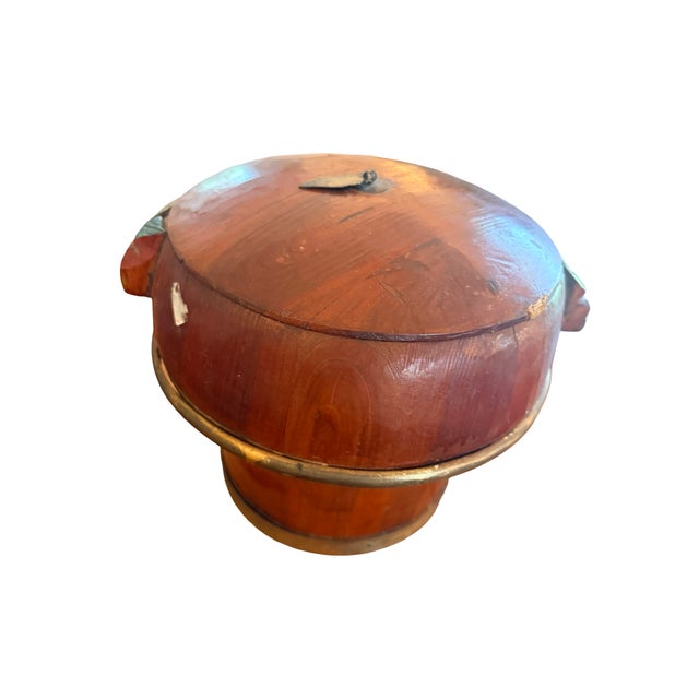 Asian Antique 19th Century Chinese Wedding Rice Bucket With Brass Bands and Floral Handles For Sale - Image 3 of 13