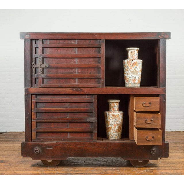 Japanese Meiji Period Late 19th Century Merchant's Chest Mounted on Wheels For Sale - Image 4 of 12