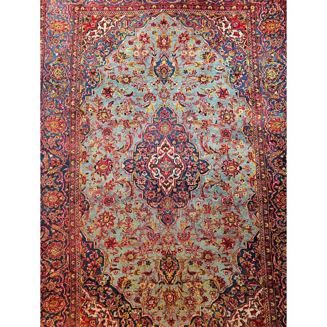 Early 20th Century Persian Kashan Rug, Handwoven Floral Pattern, Turquoise & Red, 6’ X 9’ For Sale In Chicago - Image 6 of 12