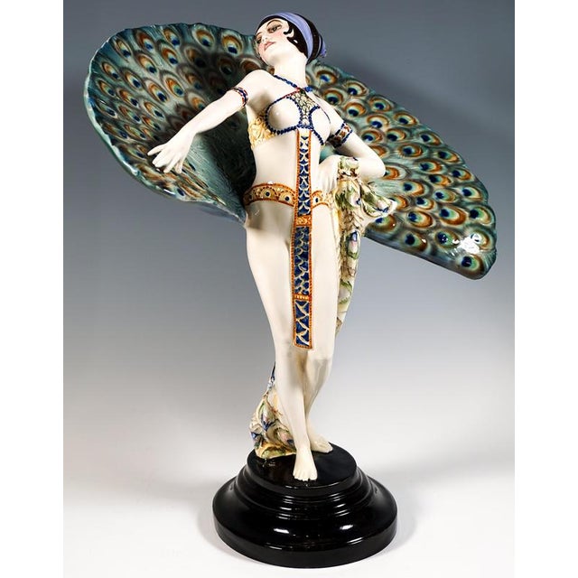 Art Deco Dancer in Peacock Costume by Paul Philippe for Goldscheider, Vienna, 1925 For Sale - Image 4 of 13