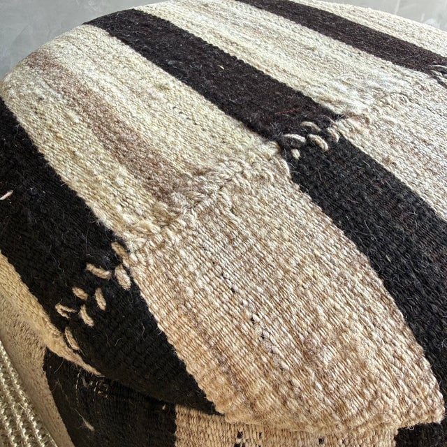 Mid-Century Modern Pair of Striped Off-white, Black Vintage Turkish Rug Ottomans For Sale - Image 3 of 7