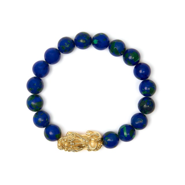 Haus of Brilliance 18K Yellow Gold Azurite Beaded Dragon Charm Bracelet For Sale - Image 4 of 4