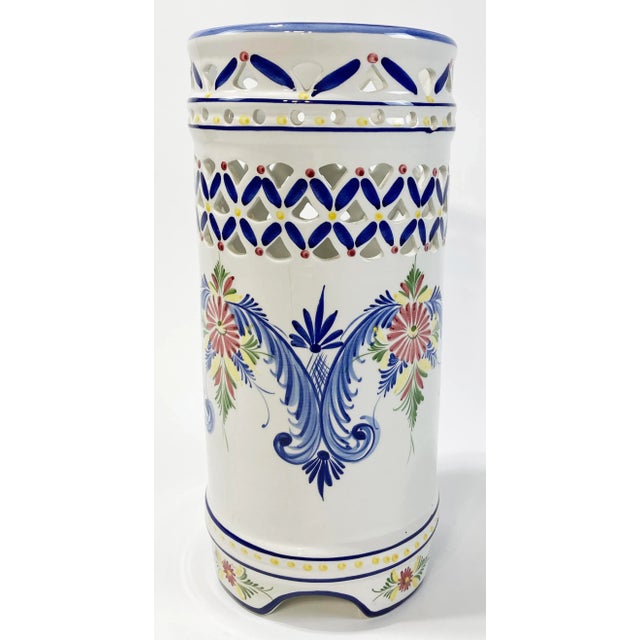 Spanish Hand-Painted Reticulated Ceramic Umbrella Stand For Sale - Image 3 of 7