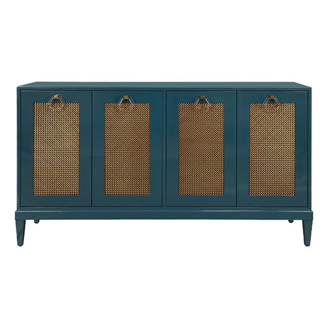Matthew Izzo Home Marcella Glossy Teal Lacquer Four Door Buffet With Brass Mesh Doors and Acrylic Door Pulls For Sale