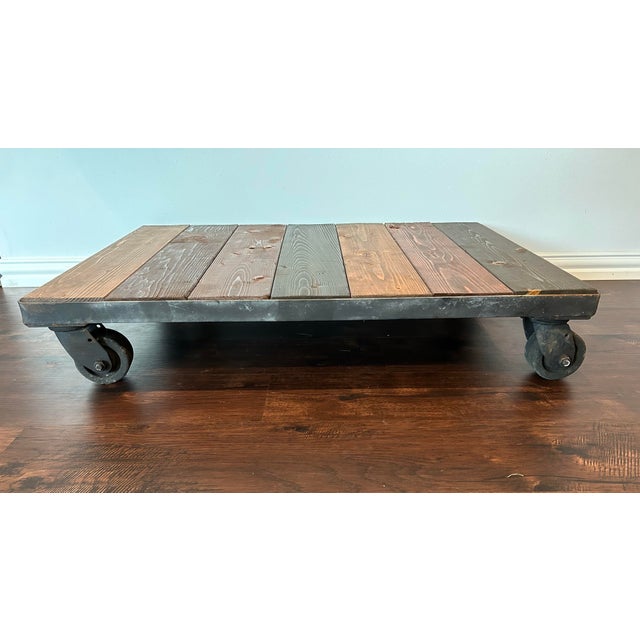 VTG Industrial Factory Cart Coffee Table, Wood Top and Metal Casters For Sale - Image 10 of 10