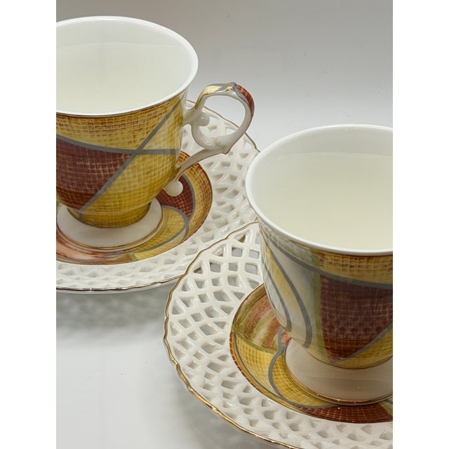 2000 - 2009 Queen Isabell Limited Collection Porcelain Cups & Pierced Saucers – Set of 2 For Sale - Image 5 of 5