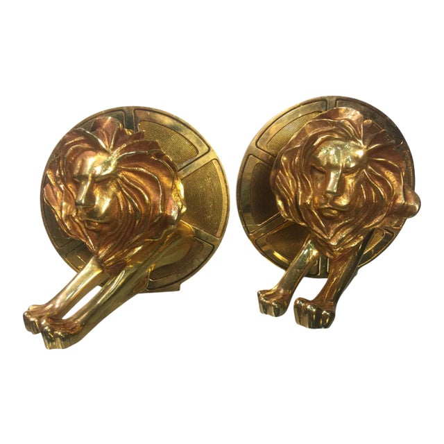 1970s Arthus Bertrand Gilded Bronze Lion and Film Reel Bookends For Sale