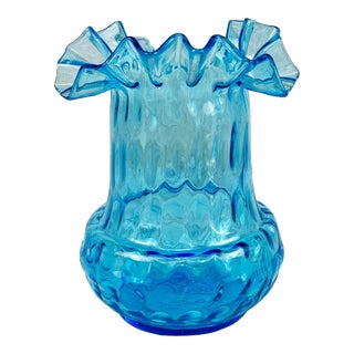 Vintage Peacock Blue Ruffled Art Glass 8" Vase For Sale