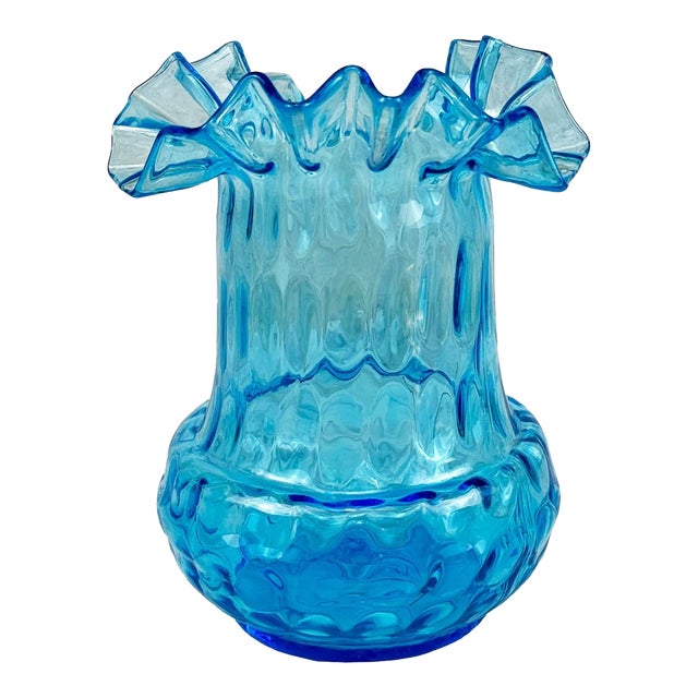 Vintage Peacock Blue Ruffled Art Glass 8" Vase For Sale
